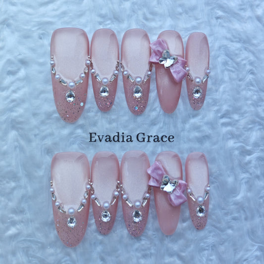 Pink Glitter Press-On Nails with Faux Pearls, Rhinestones & Bow Accents