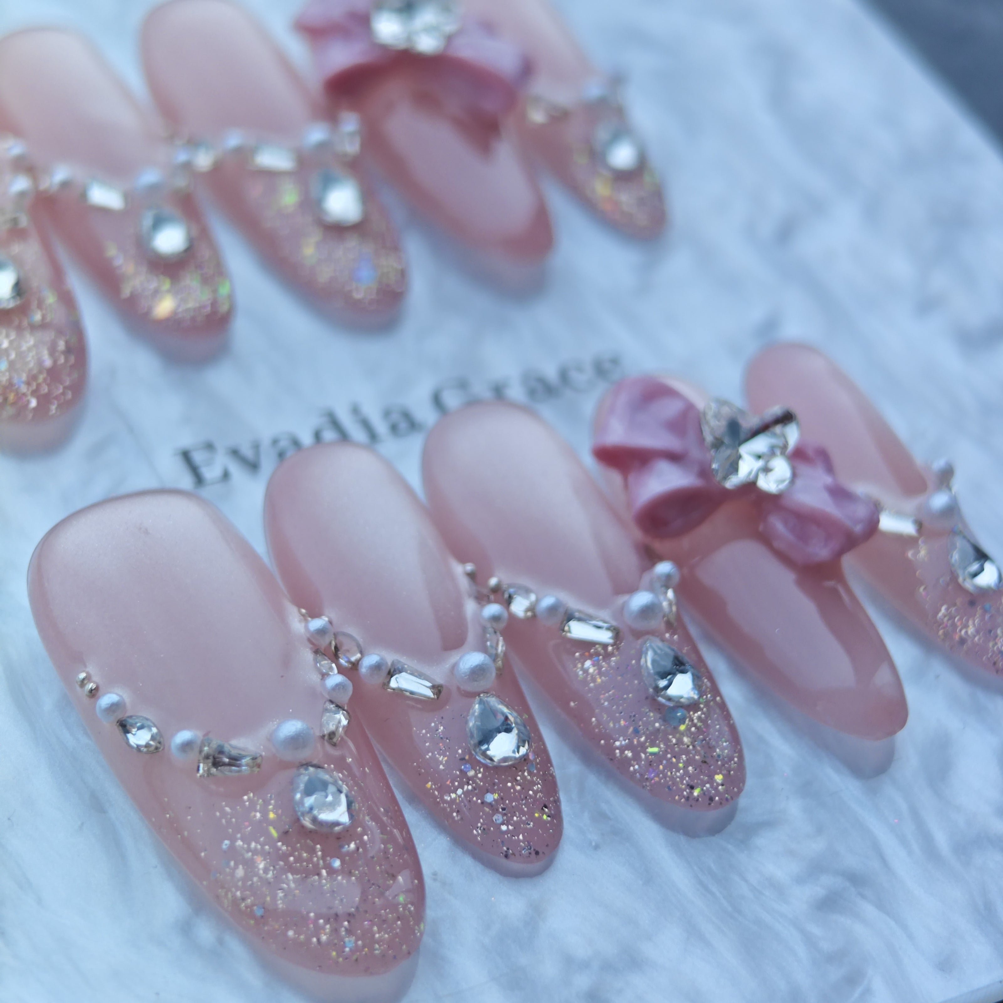 Pink Glitter Press-On Nails with Faux Pearls, Rhinestones & Bow Accents