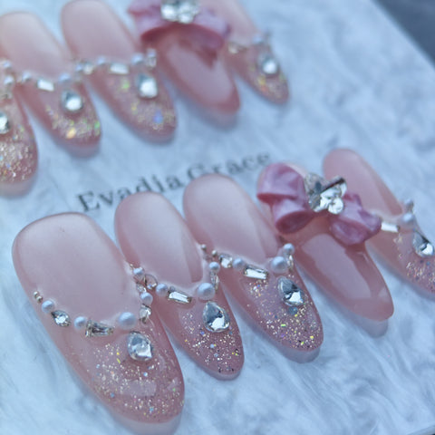 Pink Glitter Press-On Nails with Faux Pearls, Rhinestones & Bow Accents