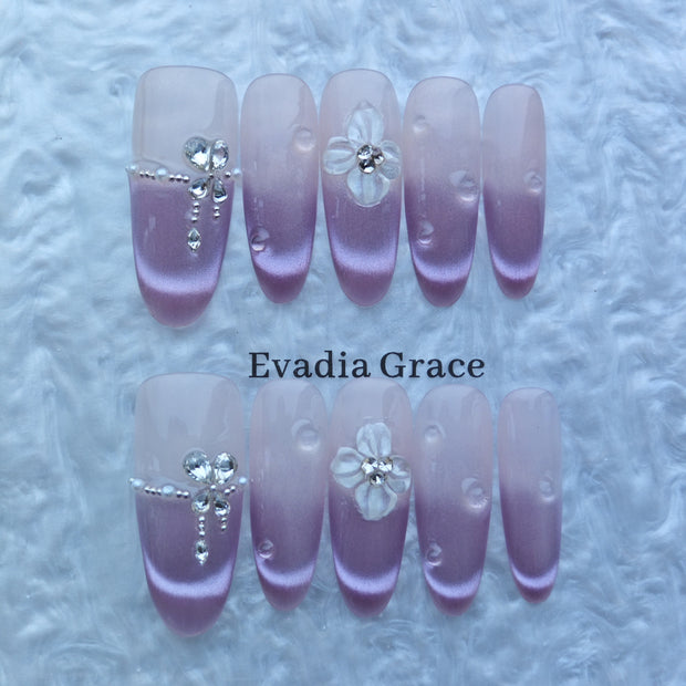 Lavender Pink Gradient Press-On Nails with 3D Flowers & Crystal Heart Accents