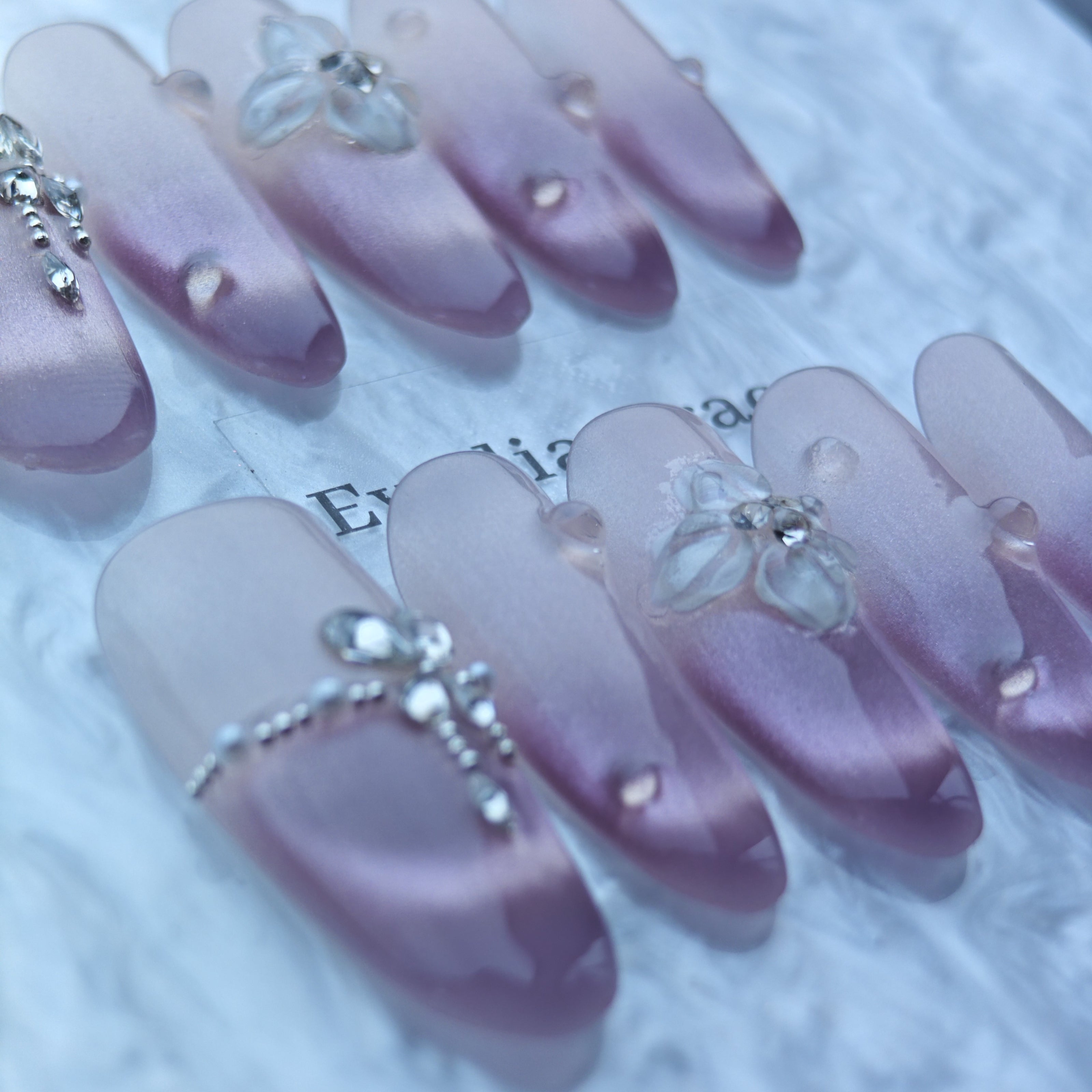 Lavender Pink Gradient Press-On Nails with 3D Flowers & Crystal Heart Accents