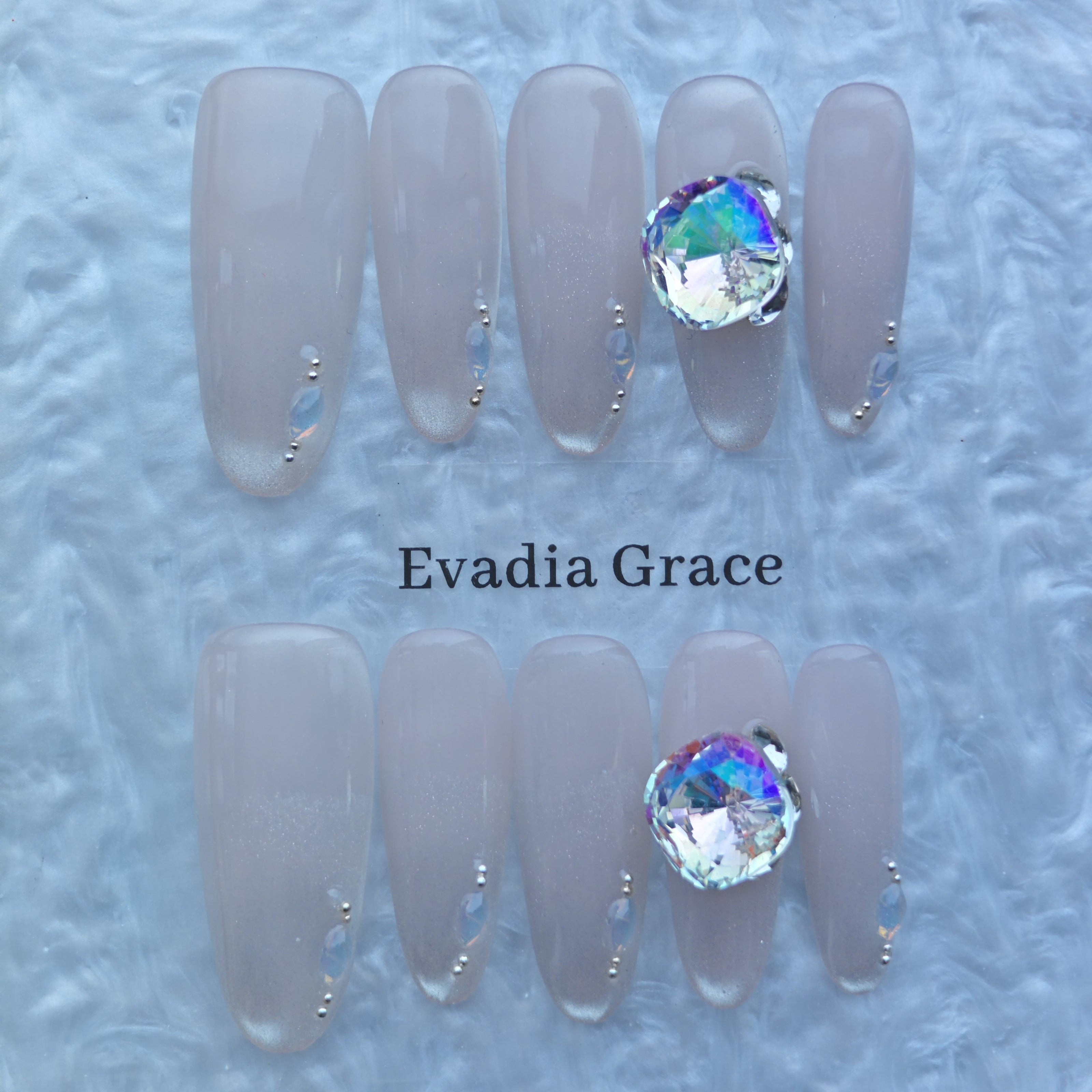 Iridescent Nude Press-On Nails with Oversized Crystal Accent & Aurora Gems
