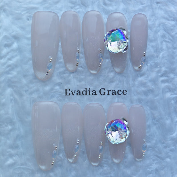 Iridescent Nude Press-On Nails with Oversized Crystal Accent & Aurora Gems