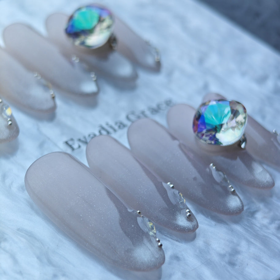 Iridescent Nude Press-On Nails with Oversized Crystal Accent & Aurora Gems
