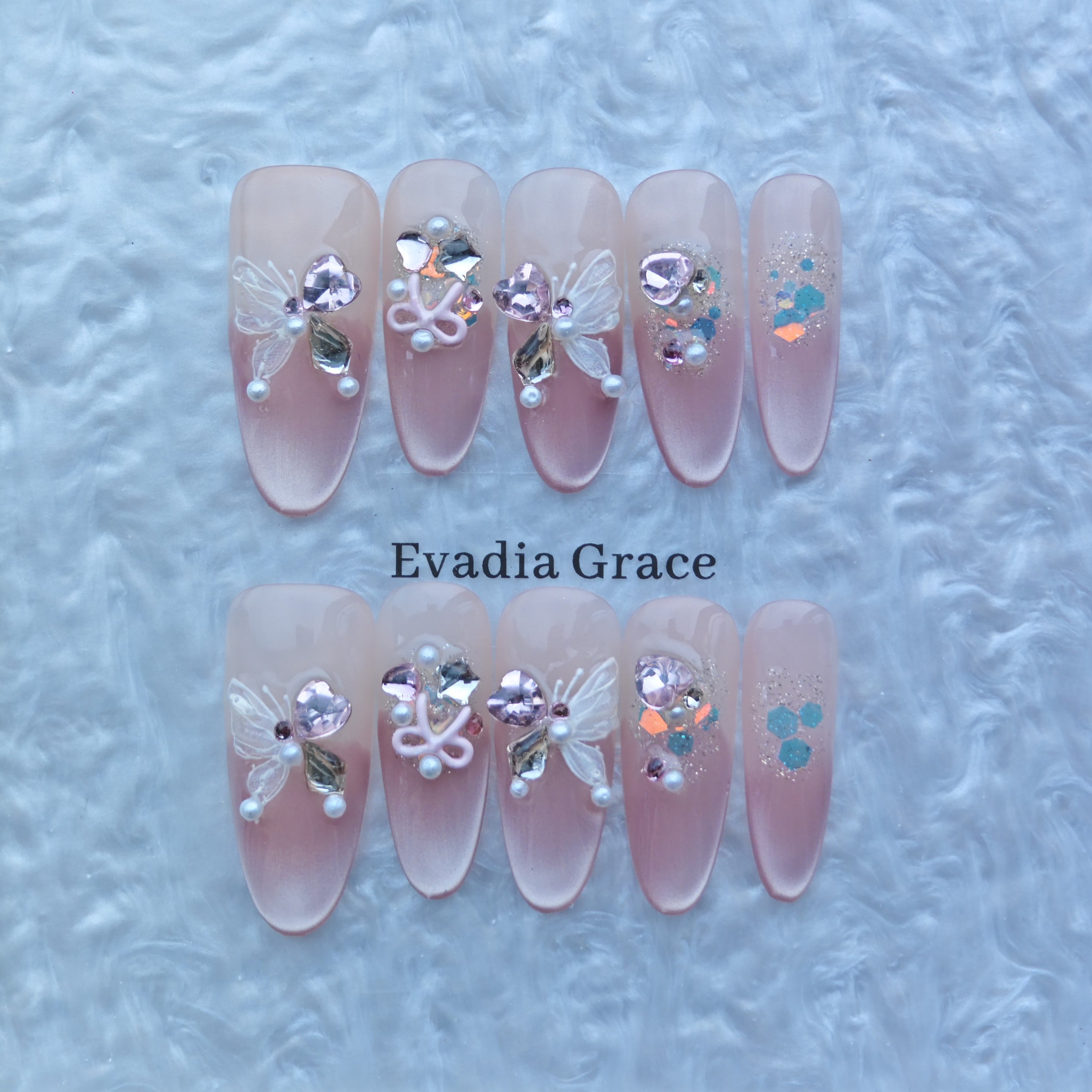 Butterfly Dream Press-On Nails with Rhinestones, Faux Pearls & Glitter Accents