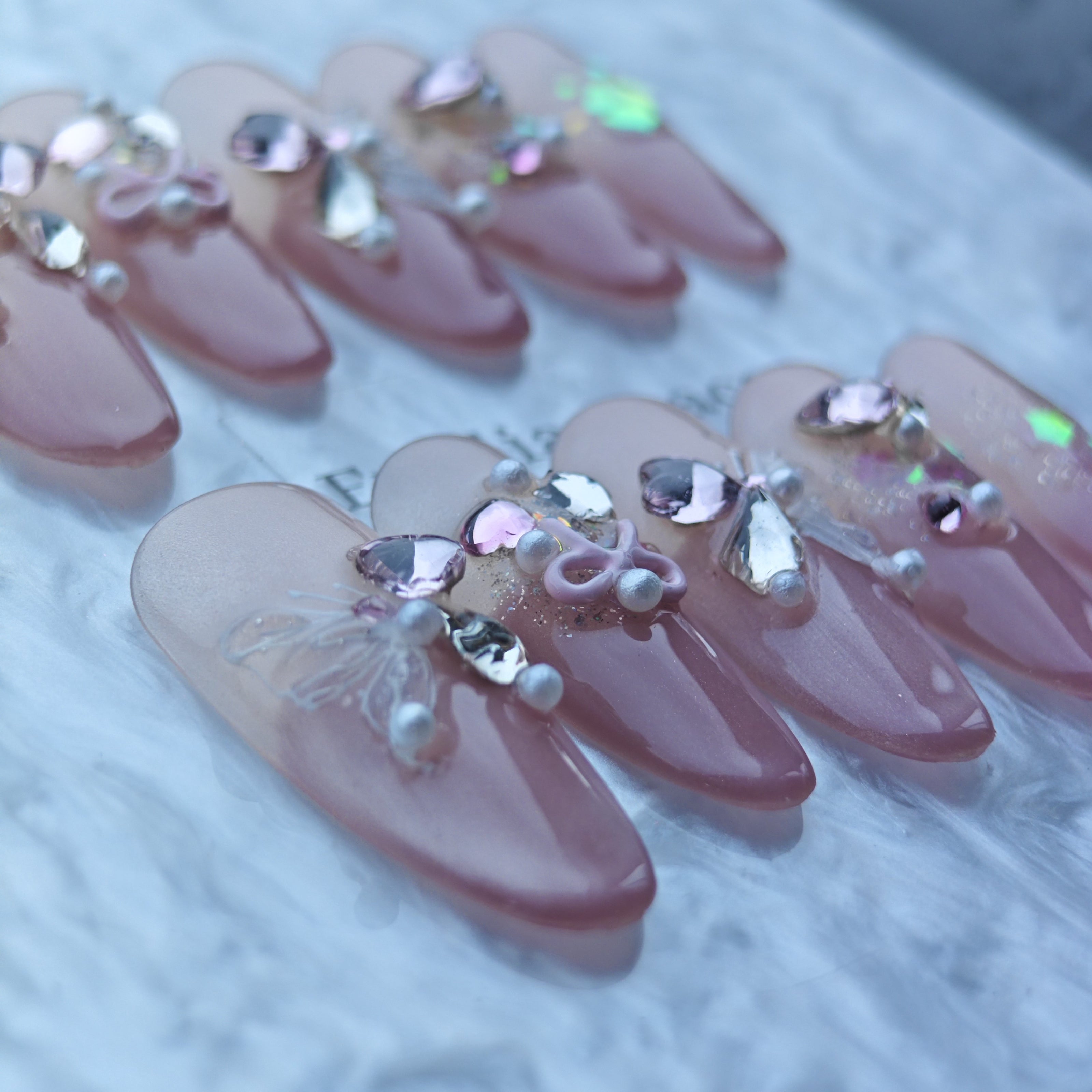 Butterfly Dream Press-On Nails with Rhinestones, Faux Pearls & Glitter Accents