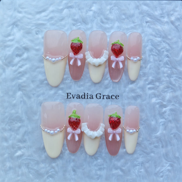 Strawberry & Pearl Press-On Nails with 3D Bows and Ruffle Accents