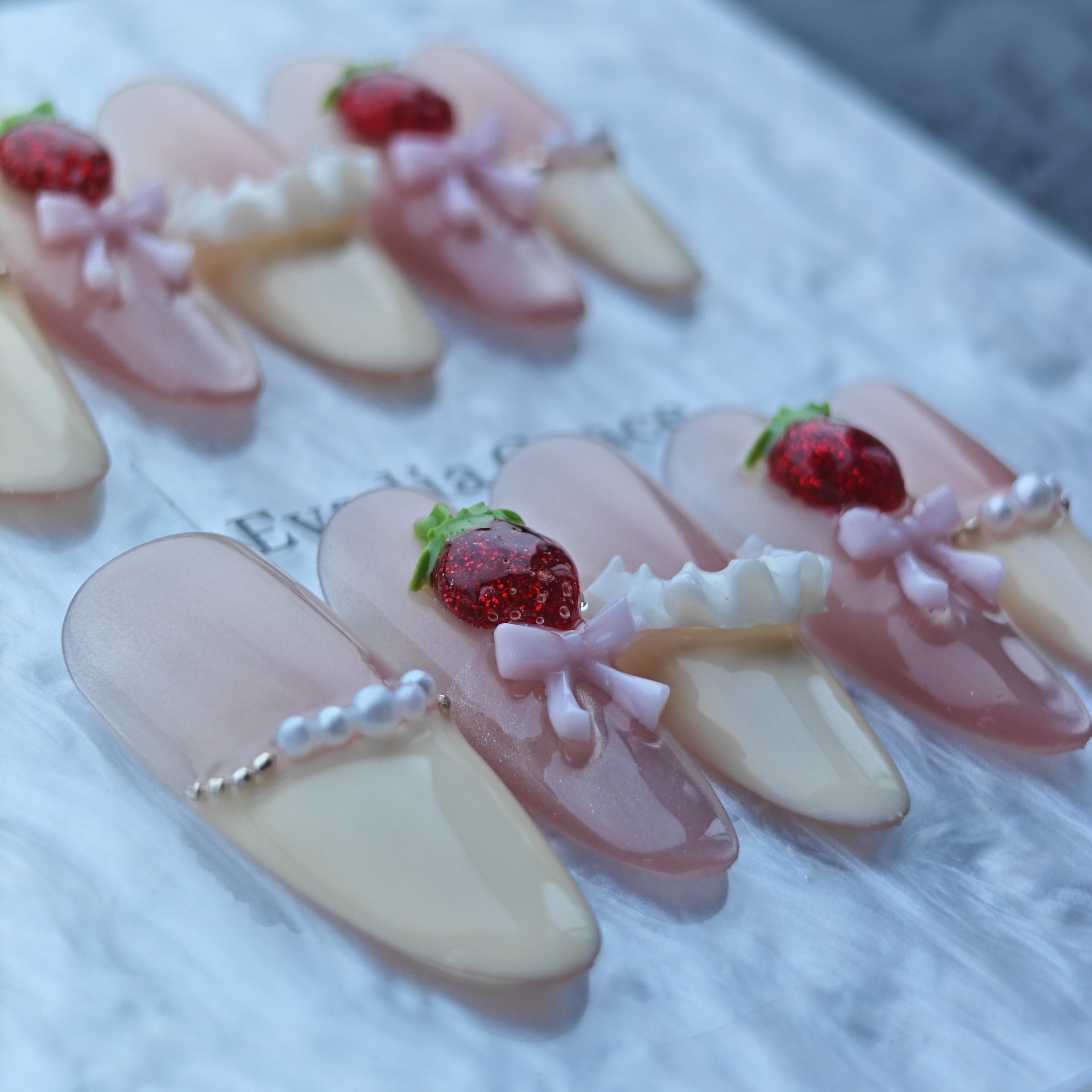 Strawberry & Pearl Press-On Nails with 3D Bows and Ruffle Accents