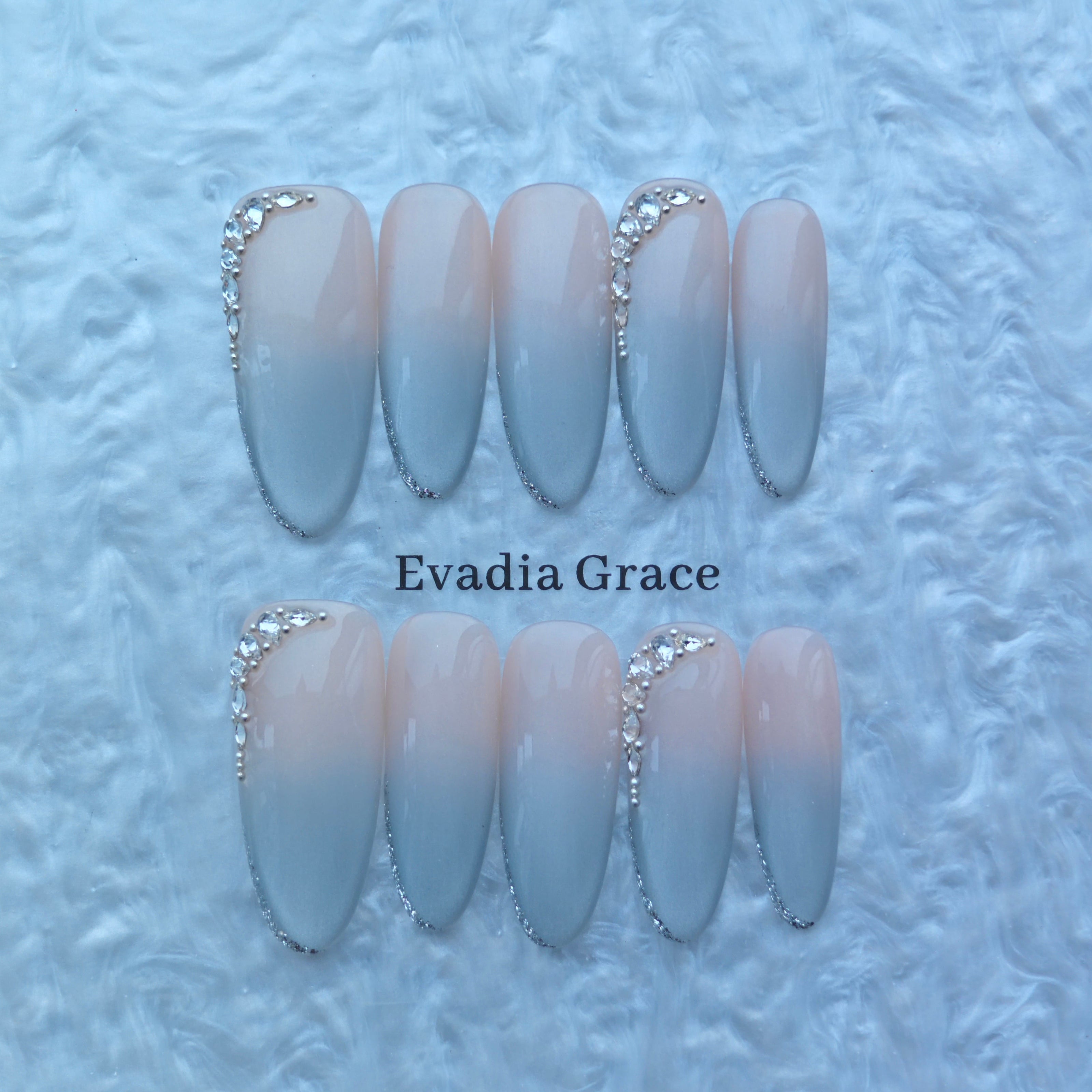 Gray Nude Gradient Press-On Nails with Crystal Accents