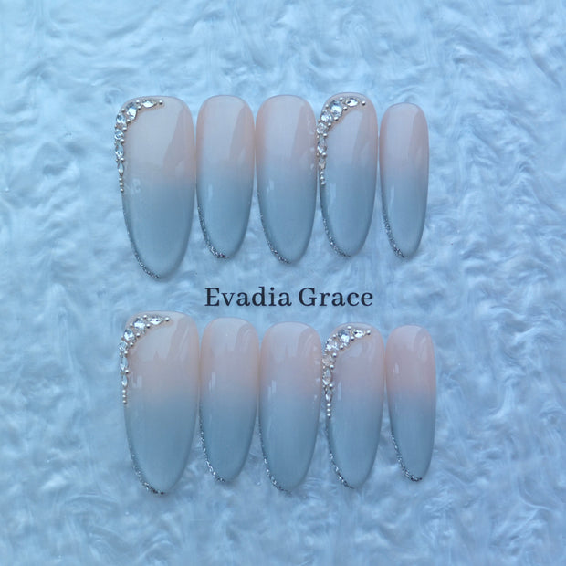 Gray Nude Gradient Press-On Nails with Crystal Accents