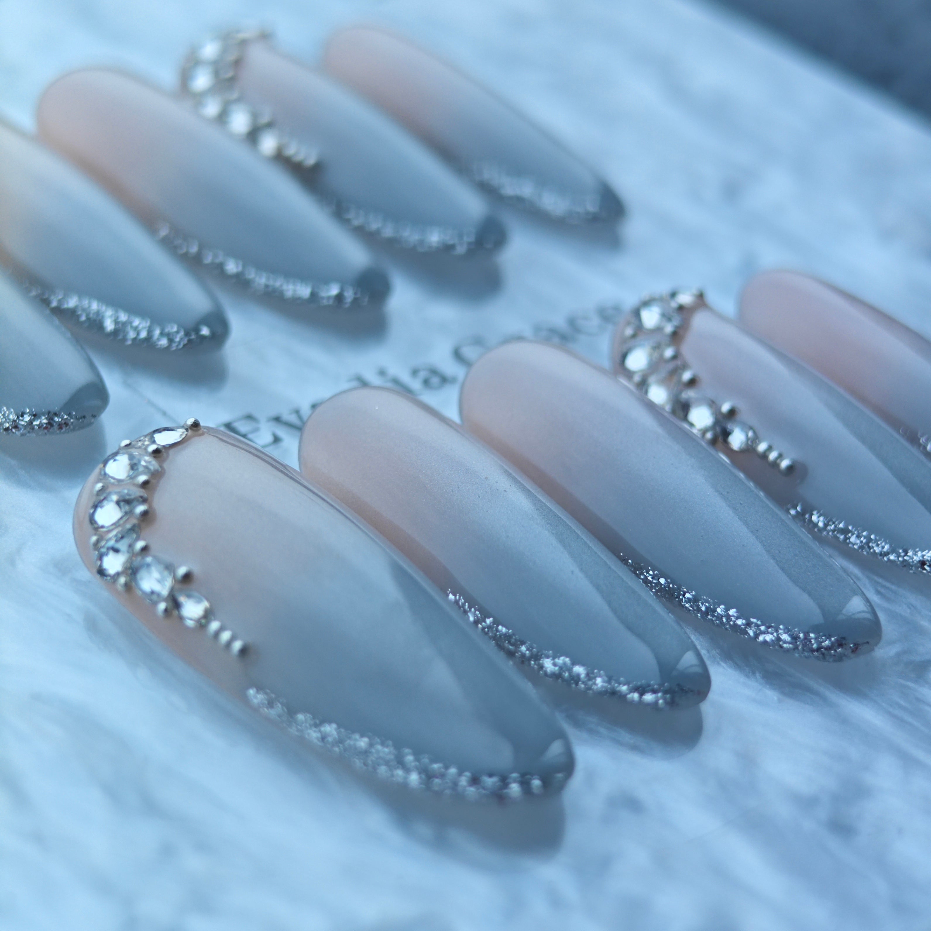 Gray Nude Gradient Press-On Nails with Crystal Accents