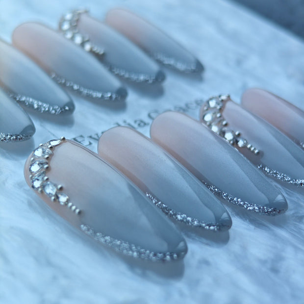 Gray Nude Gradient Press-On Nails with Crystal Accents