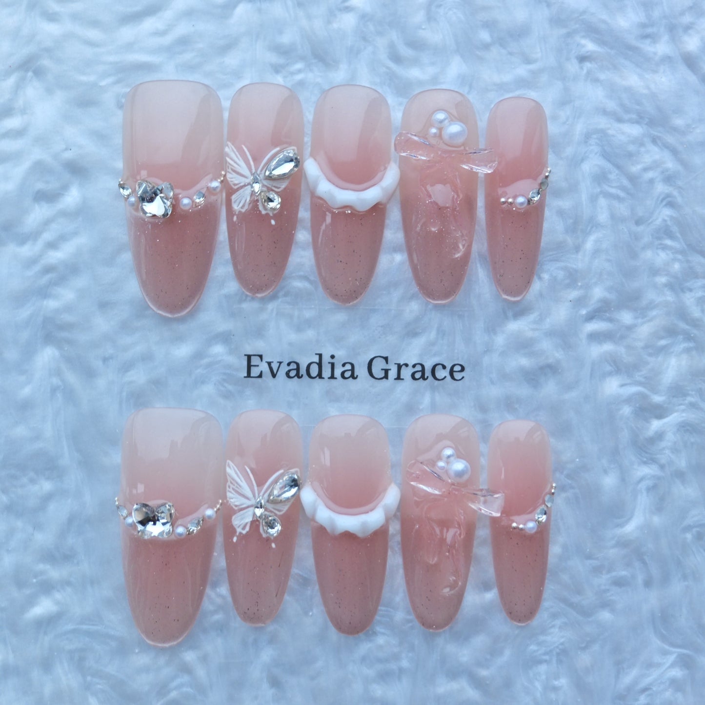 Blush Pink Glitter Press-On Nails with Butterfly, Bow & Pearl Accents