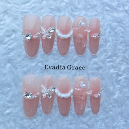 Blush Pink Glitter Press-On Nails with Butterfly, Bow & Pearl Accents