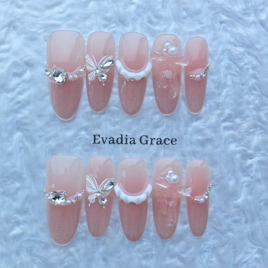 Blush Pink Glitter Press-On Nails with Butterfly, Bow & Pearl Accents