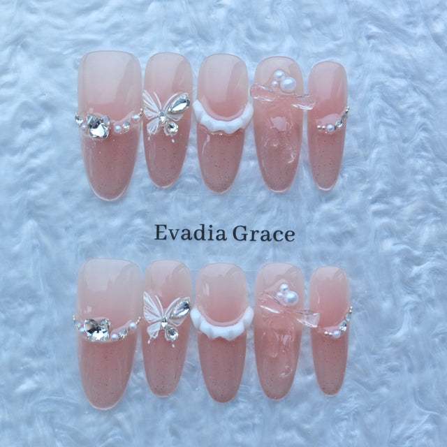 Blush Pink Glitter Press-On Nails with Butterfly, Bow & Pearl Accents