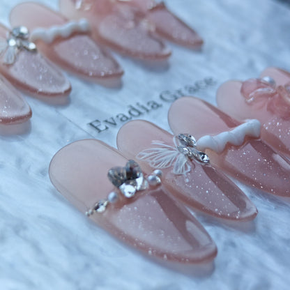 Blush Pink Glitter Press-On Nails with Butterfly, Bow & Pearl Accents