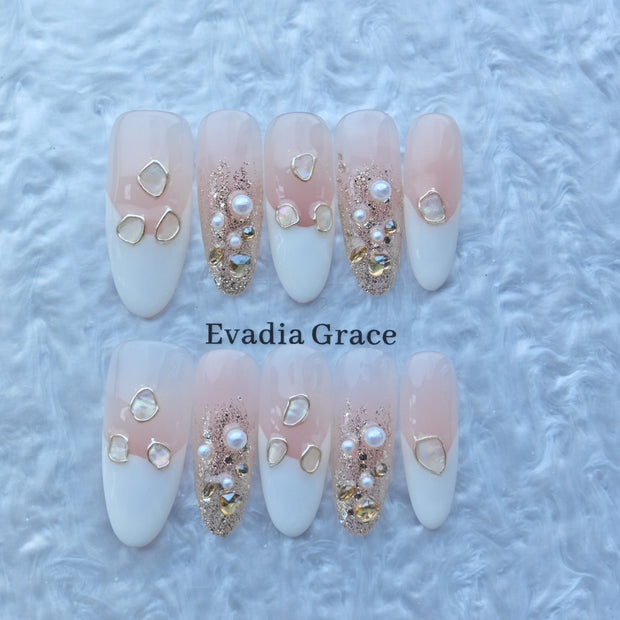 White & Gold Glitter Press-On Nails with Faux Pearls & Iridescent Shell Accents