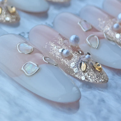 White & Gold Glitter Press-On Nails with Faux Pearls & Iridescent Shell Accents