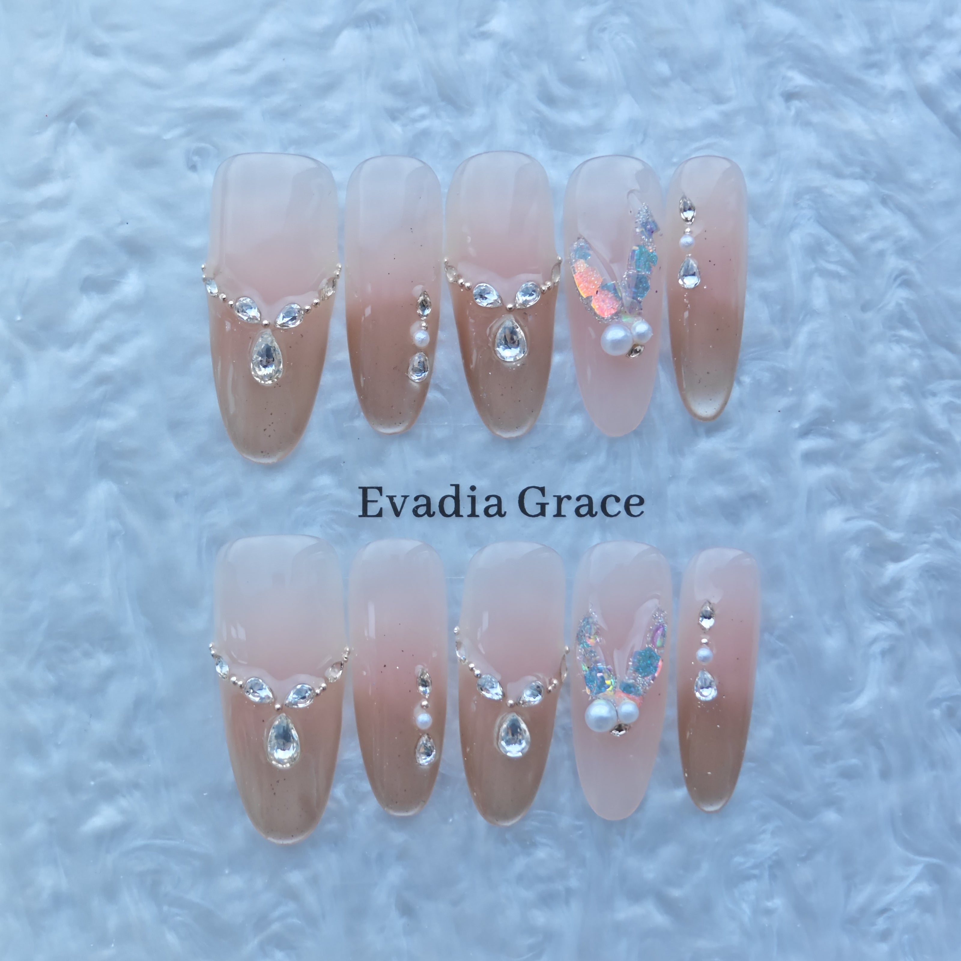 Nude Gradient Press-On Nails with Rhinestones, Pearls & Butterfly Glitter Accents