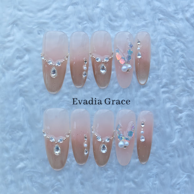 Nude Gradient Press-On Nails with Rhinestones, Pearls & Butterfly Glitter Accents