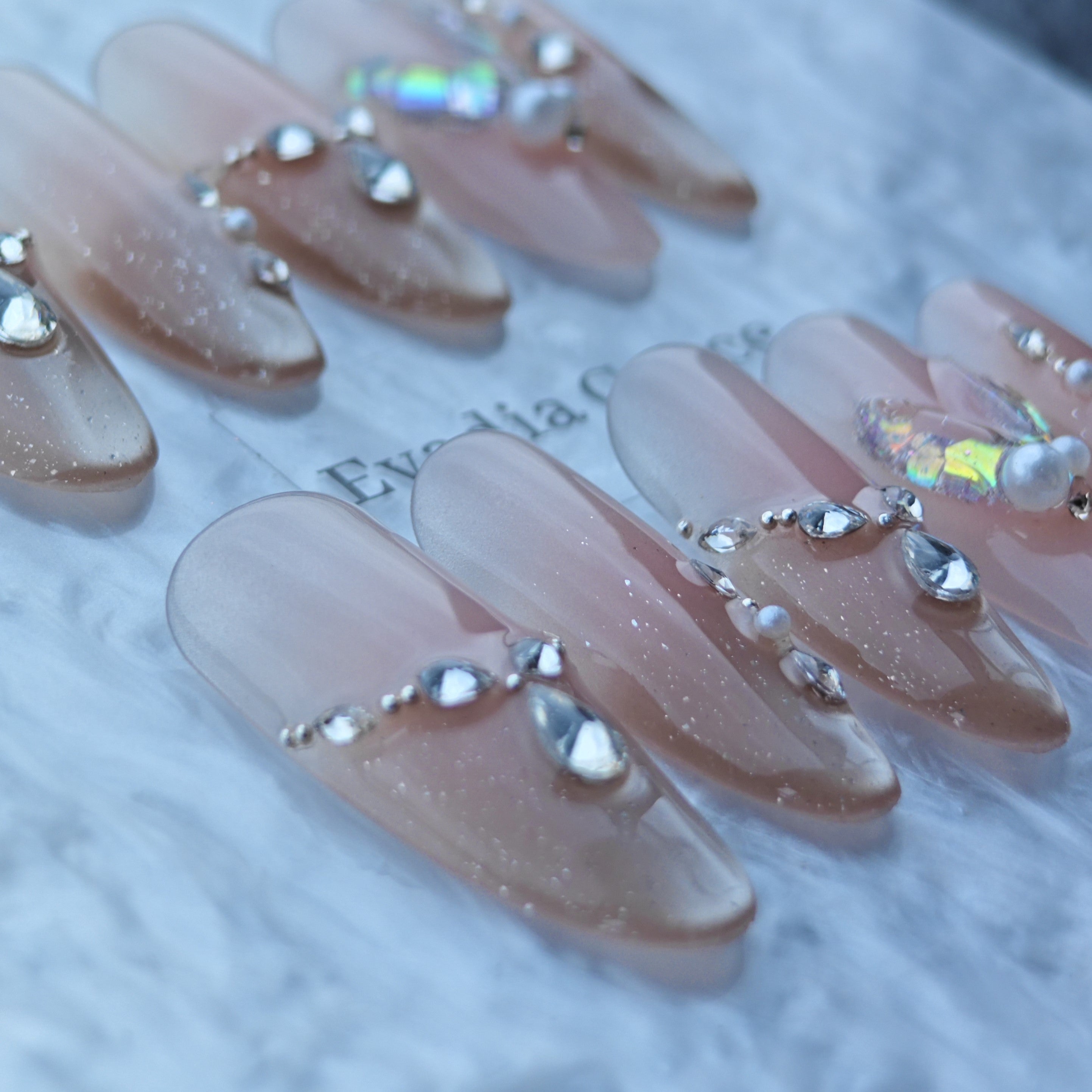 Nude Gradient Press-On Nails with Rhinestones, Pearls & Butterfly Glitter Accents
