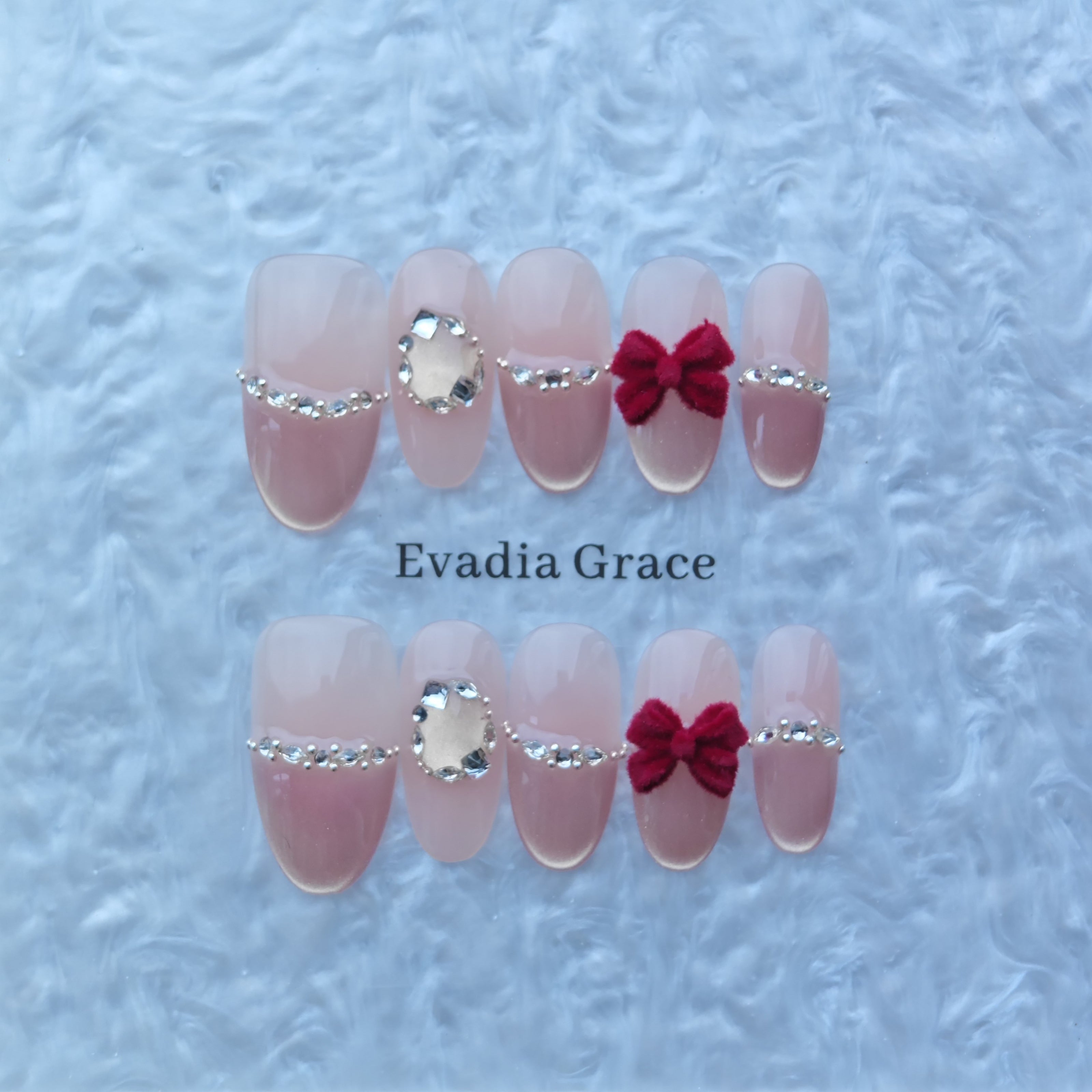 Red Velvet Bow Press-On Nails with Rhinestone Bands & Nude Pink Base
