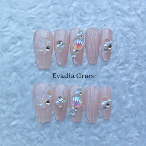 Pink Nude Mermaid Press-On Nails with 3D Seashell & Starfish Accents