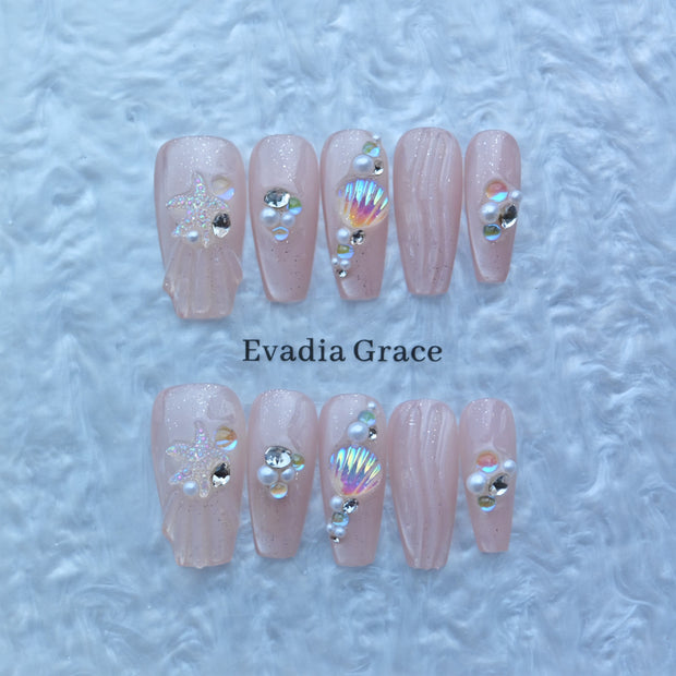Pink Nude Mermaid Press-On Nails with 3D Seashell & Starfish Accents
