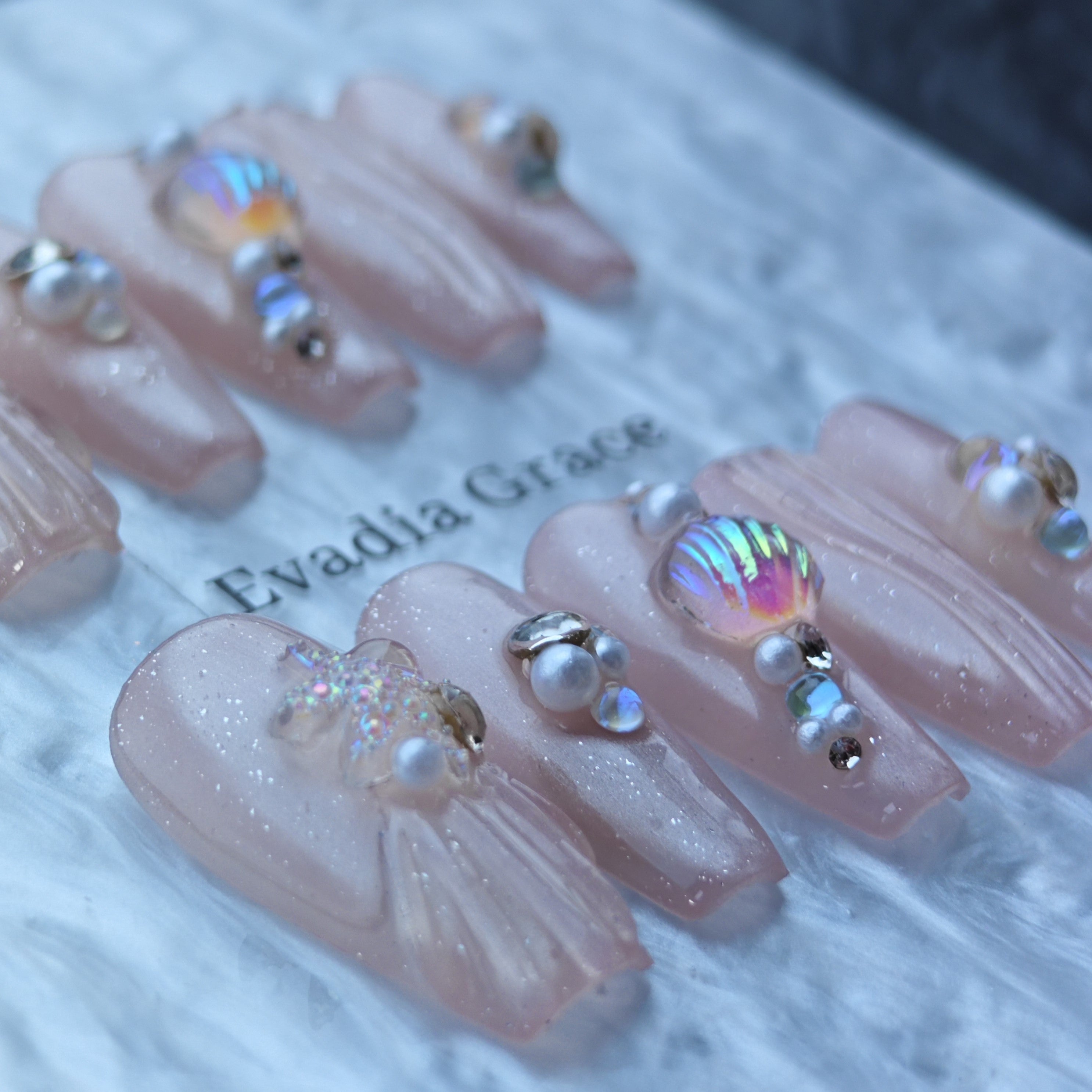 Pink Nude Mermaid Press-On Nails with 3D Seashell & Starfish Accents