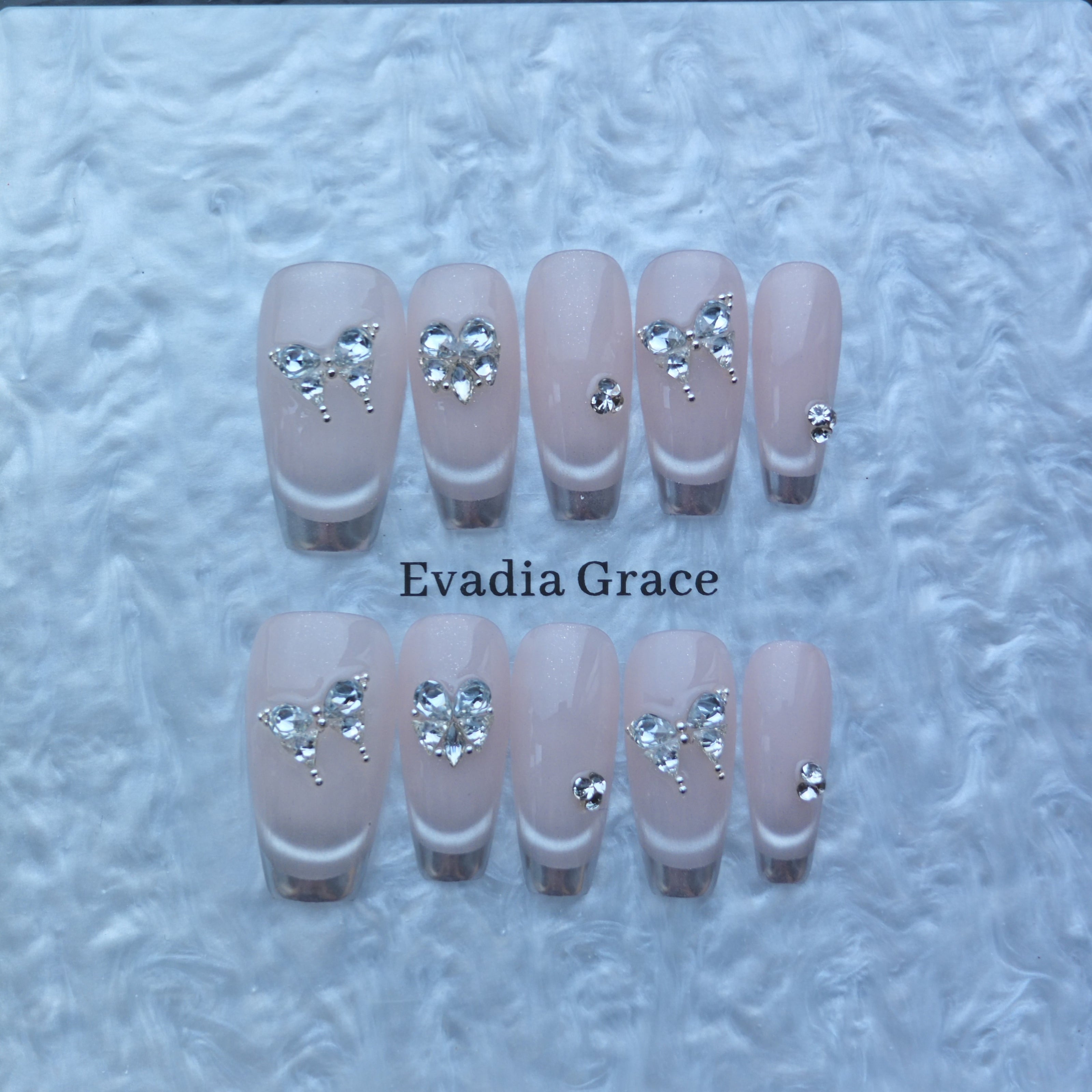 Silver French Tip Press-On Nails with Rhinestone Bow & Heart Accents