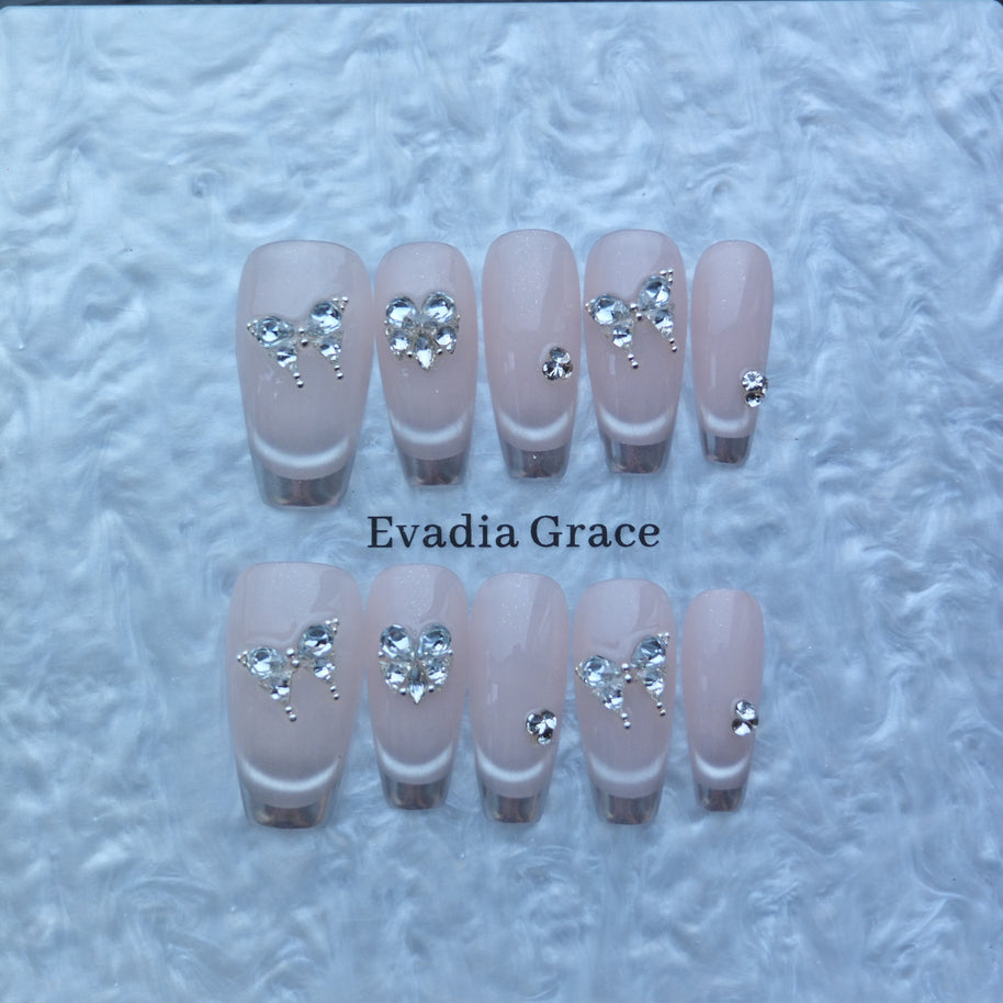 Silver French Tip Press-On Nails with Rhinestone Bow & Heart Accents