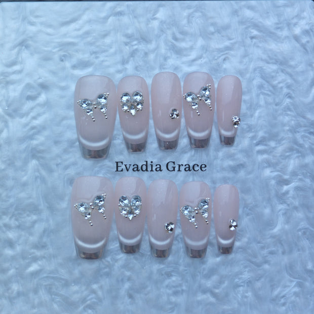 Silver French Tip Press-On Nails with Rhinestone Bow & Heart Accents
