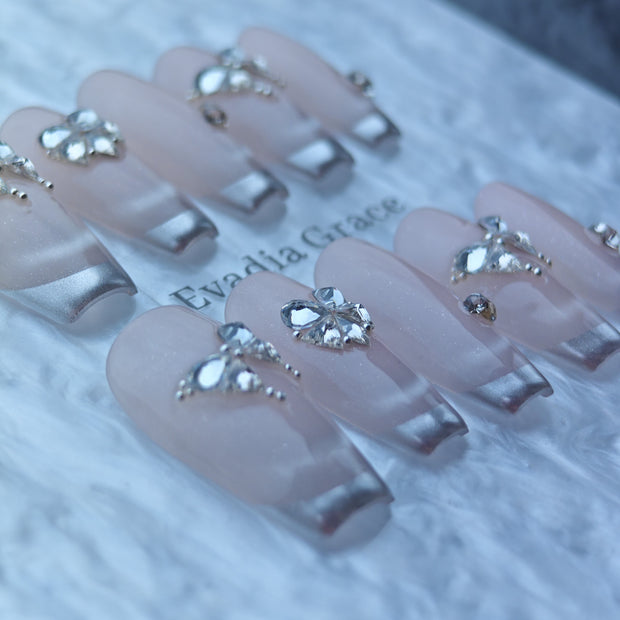 Silver French Tip Press-On Nails with Rhinestone Bow & Heart Accents