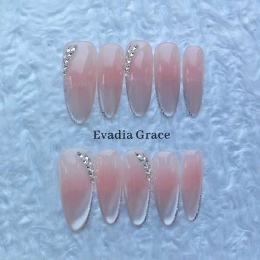 Blush Pink Gradient Press-On Nails with Rhinestone Leaf Accents