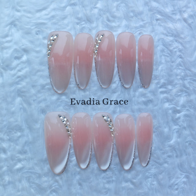 Blush Pink Gradient Press-On Nails with Rhinestone Leaf Accents