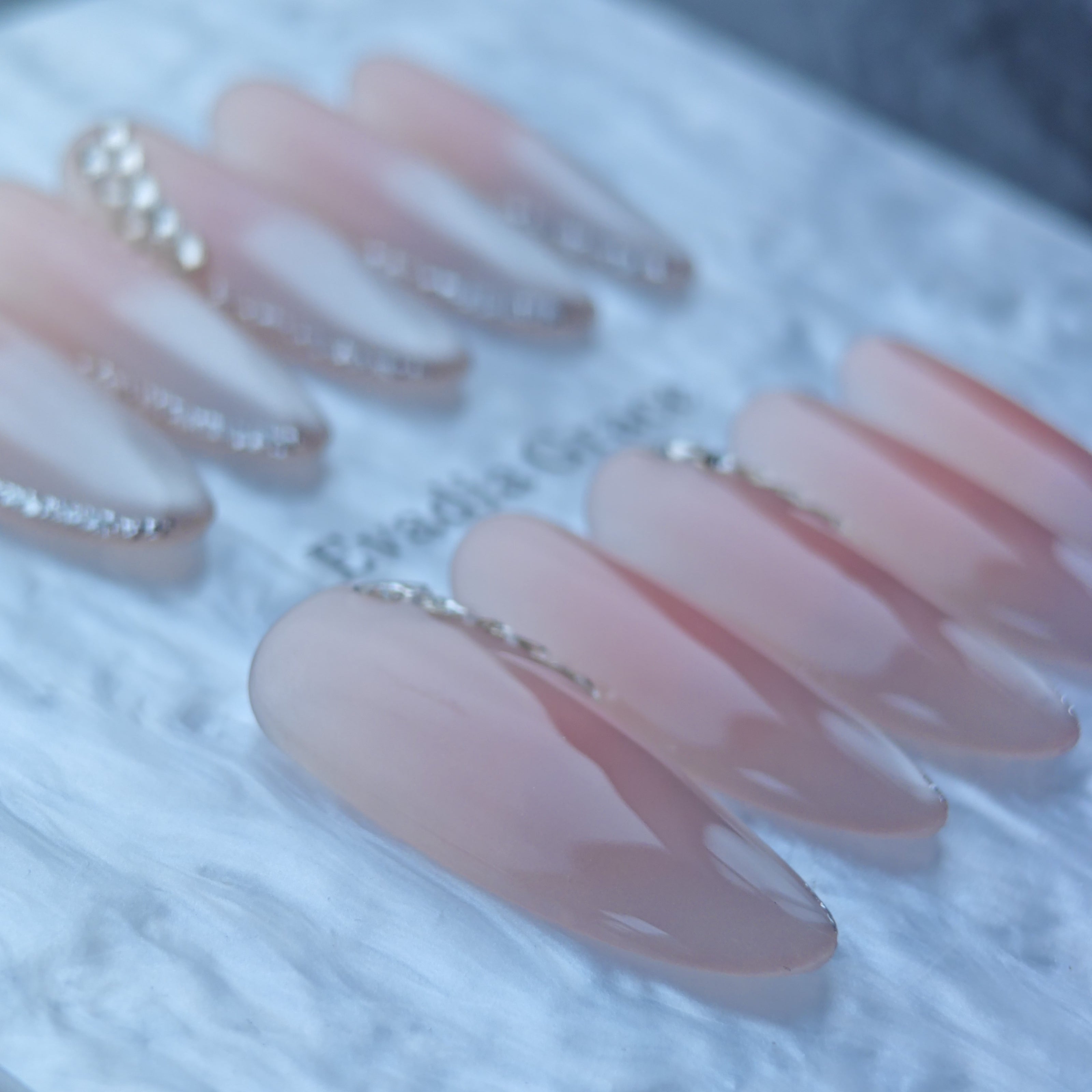 Blush Pink Gradient Press-On Nails with Rhinestone Leaf Accents