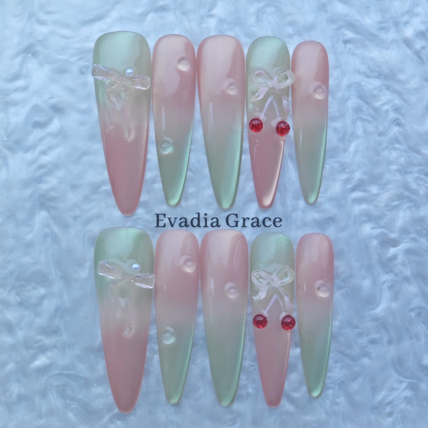 Pink-Green Gradient Press-On Nails with Cherry & Bow 3D Accents