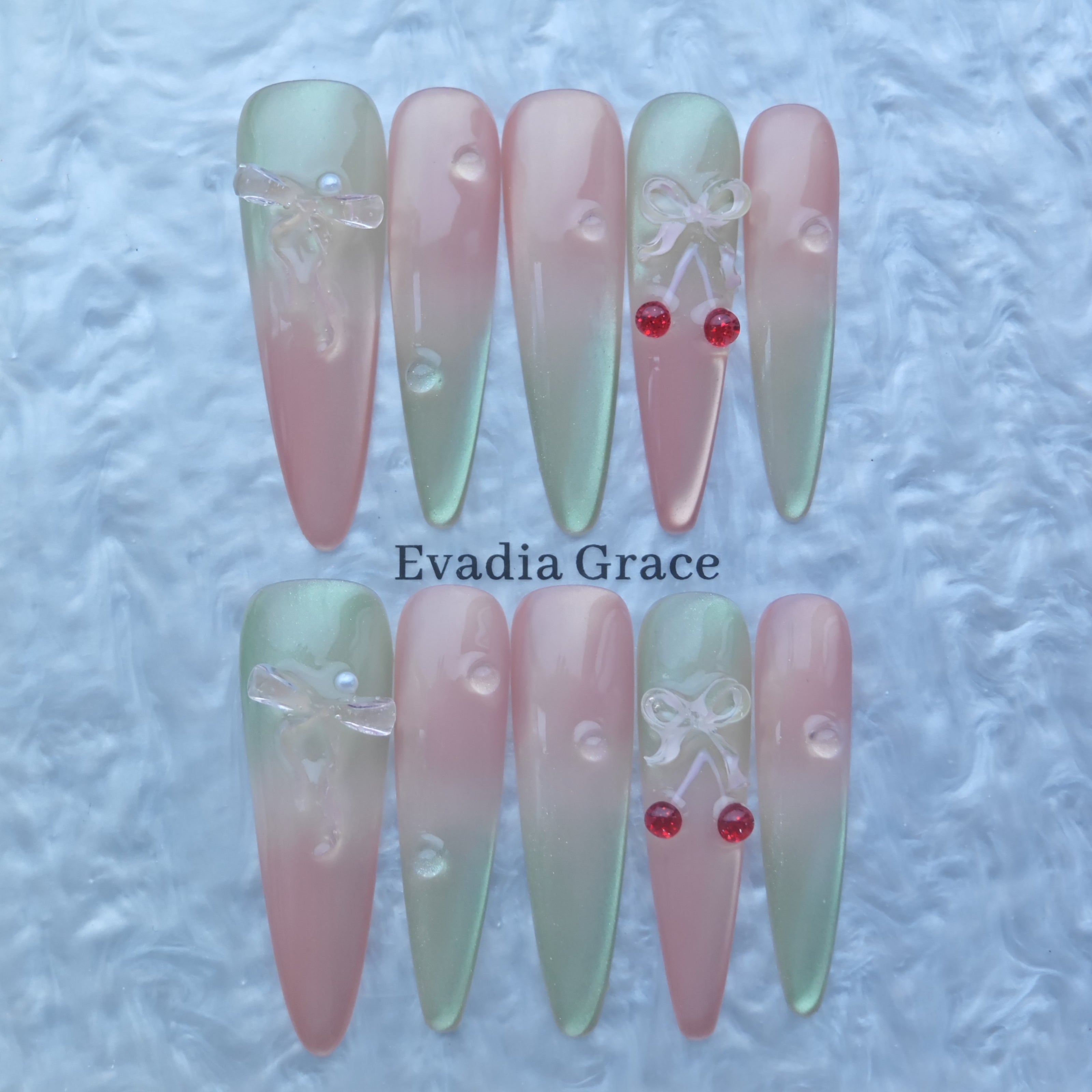 Pink-Green Gradient Press-On Nails with Cherry & Bow 3D Accents