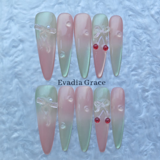 Pink-Green Gradient Press-On Nails with Cherry & Bow 3D Accents