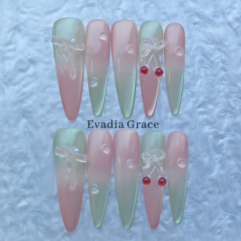 Pink-Green Gradient Press-On Nails with Cherry & Bow 3D Accents