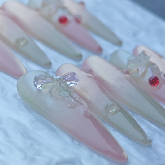 Pink-Green Gradient Press-On Nails with Cherry & Bow 3D Accents
