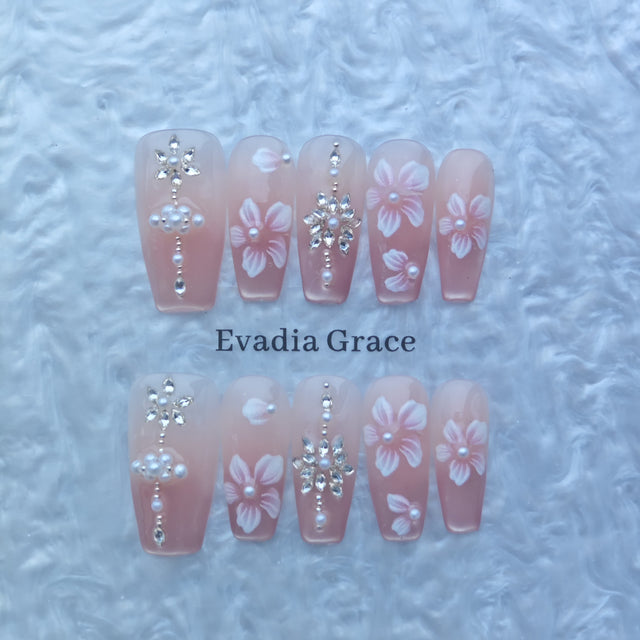 Blush Pink Press-On Nails with Hand-Painted Flowers & Rhinestone Cross Accents
