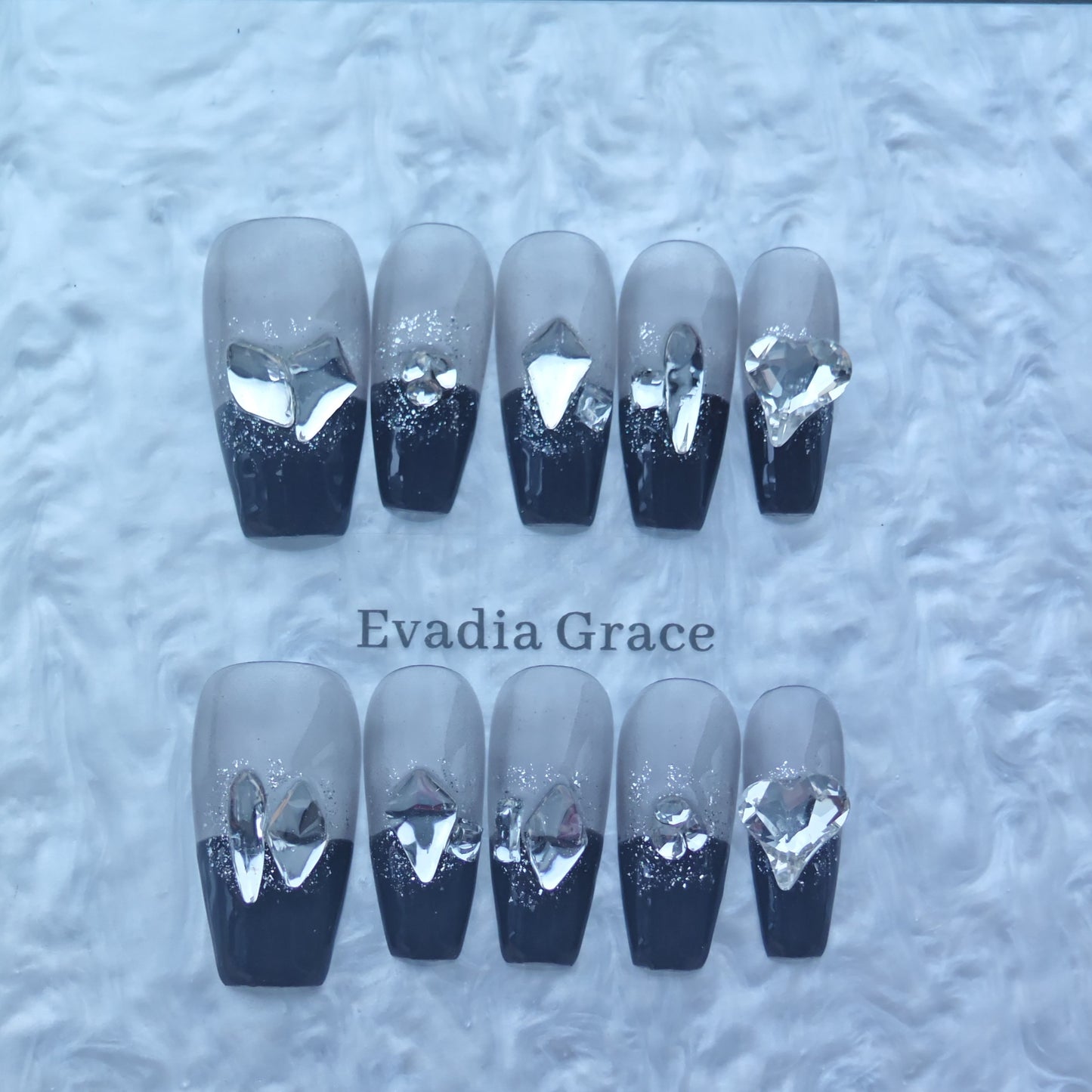Black & Silver Crystal Press-On Nails with Glitter Ombre & 3D Gem Accents