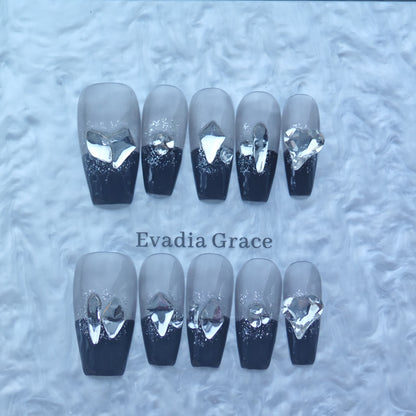 Black & Silver Crystal Press-On Nails with Glitter Ombre & 3D Gem Accents