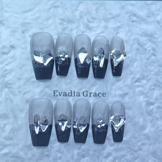 Black & Silver Crystal Press-On Nails with Glitter Ombre & 3D Gem Accents