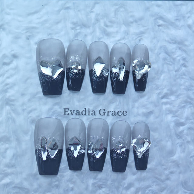 Black & Silver Crystal Press-On Nails with Glitter Ombre & 3D Gem Accents