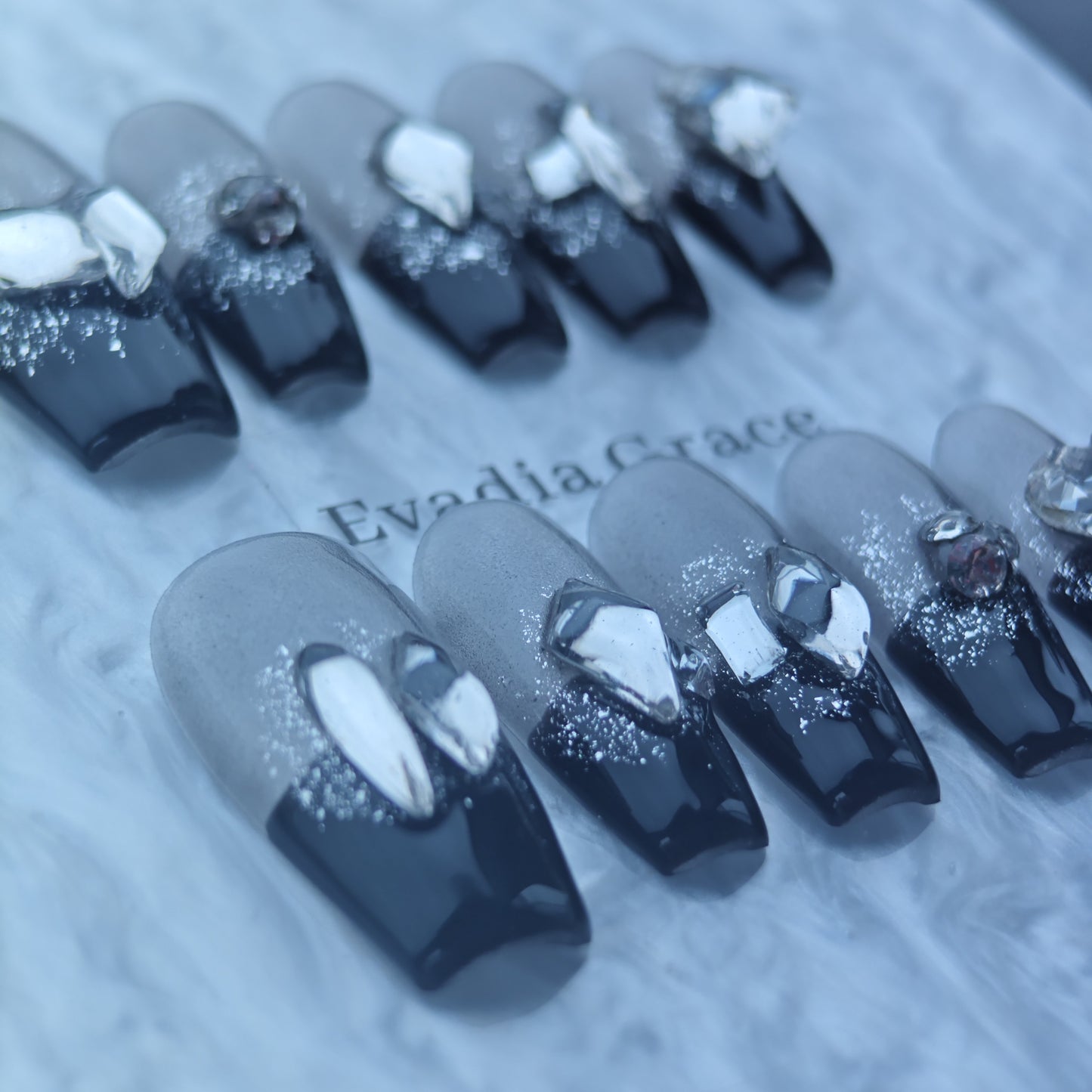 Black & Silver Crystal Press-On Nails with Glitter Ombre & 3D Gem Accents