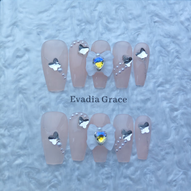 Nude Pink Press-On Nails with White Bows & Heart Crystal Accents