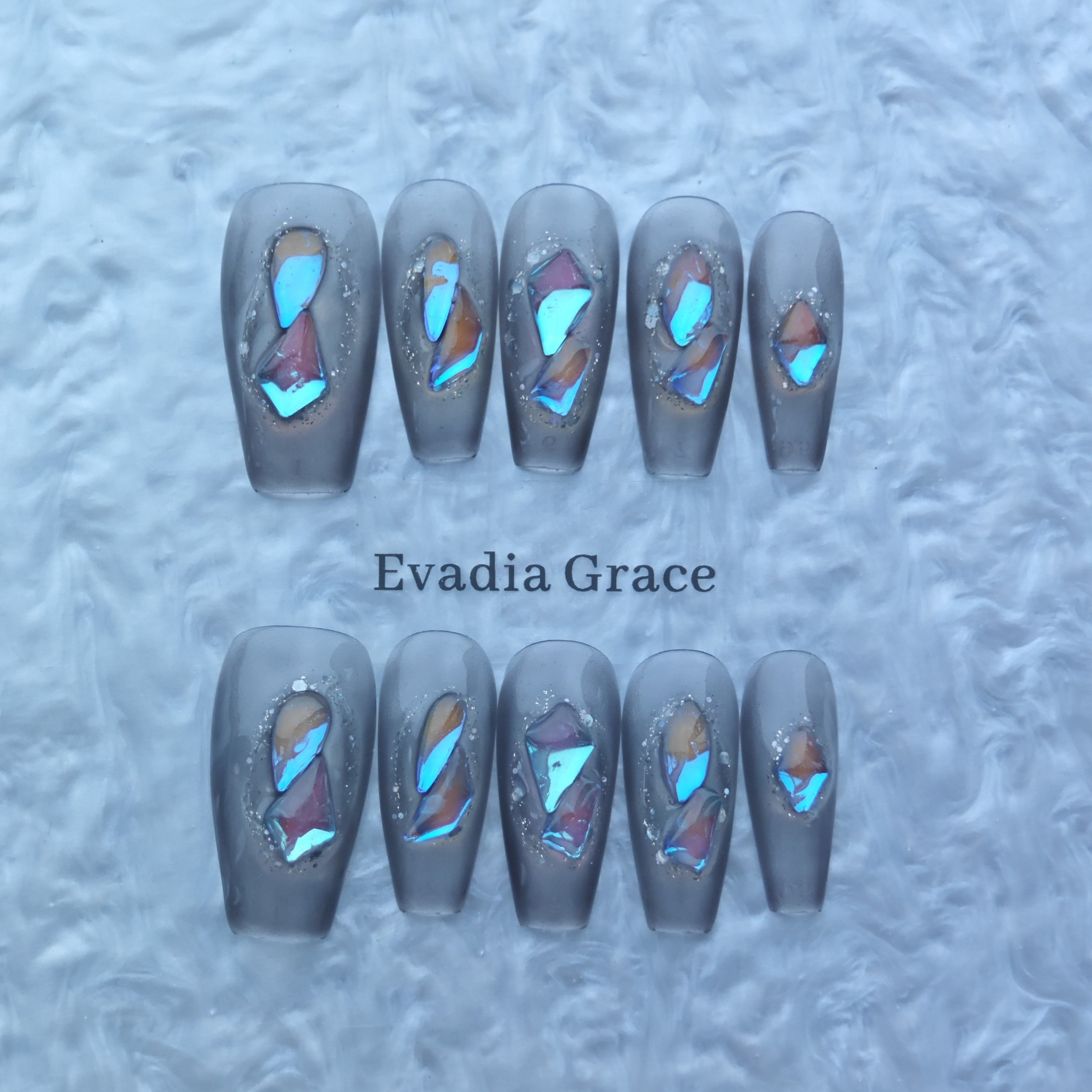 Gray Matte Press-On Nails with Iridescent Shattered Glass Effect